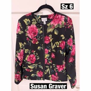 Susan Graver Women's Black Floral satin Lined Blazer